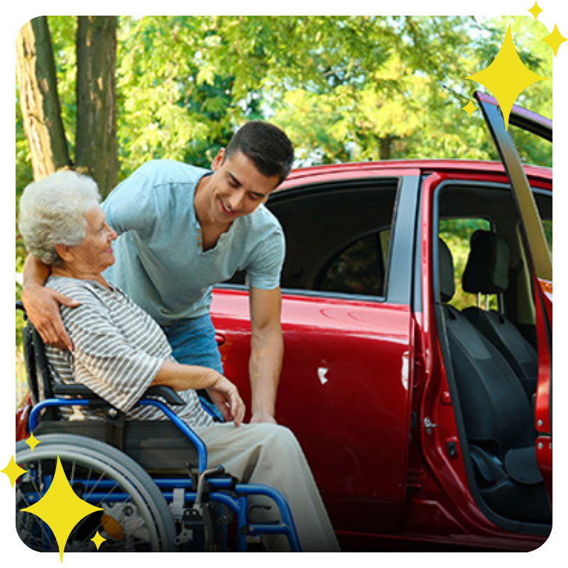 a nurse helping an elderly woman into a car